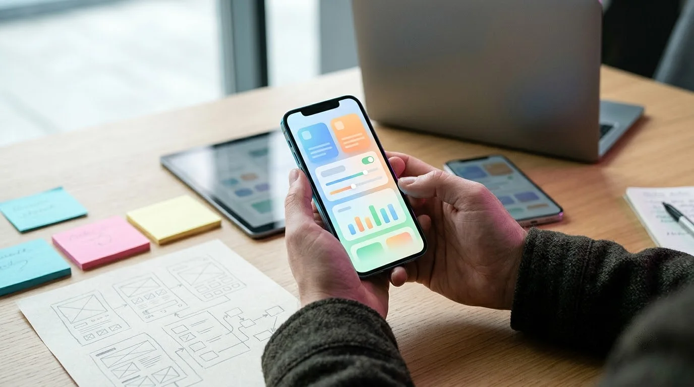 Hand holding a phone showing a colourful app, with wireframe sketches on the desk