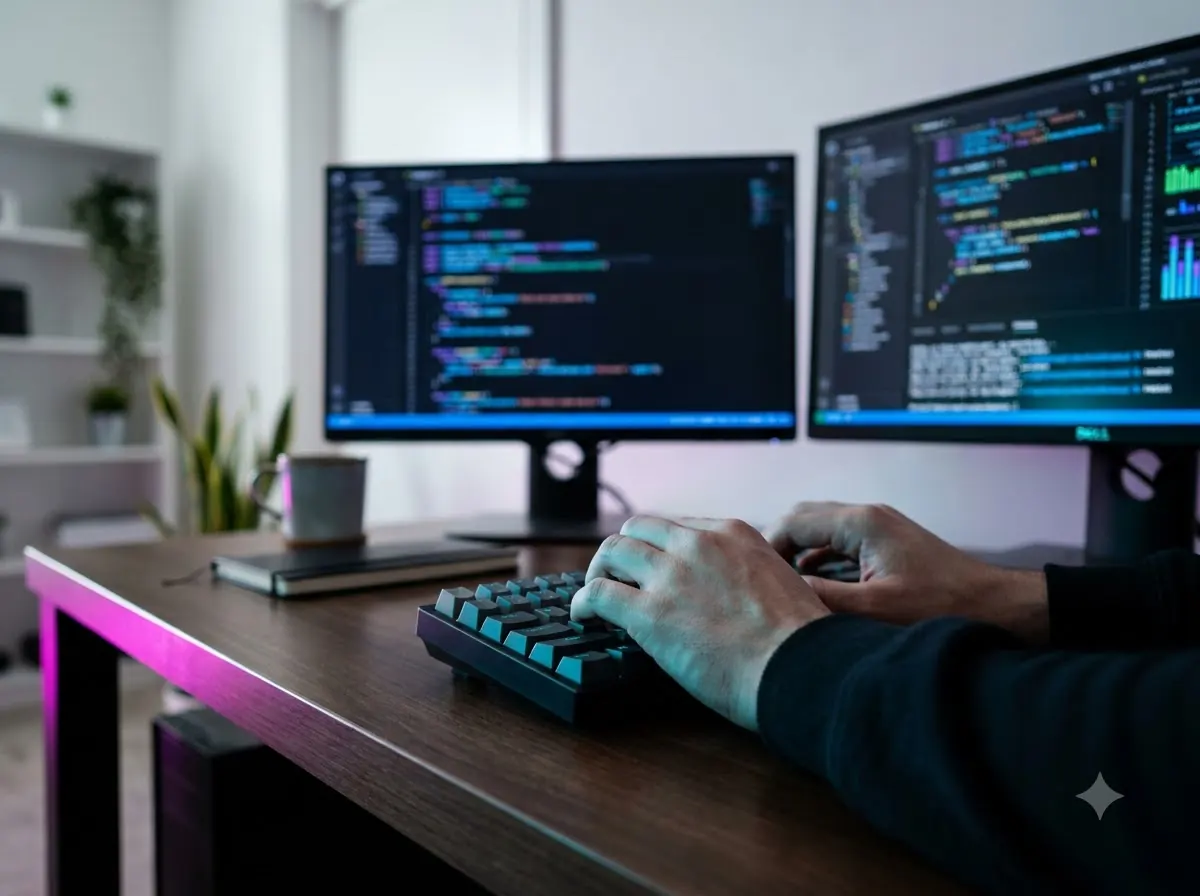 Developer writing code on two monitors