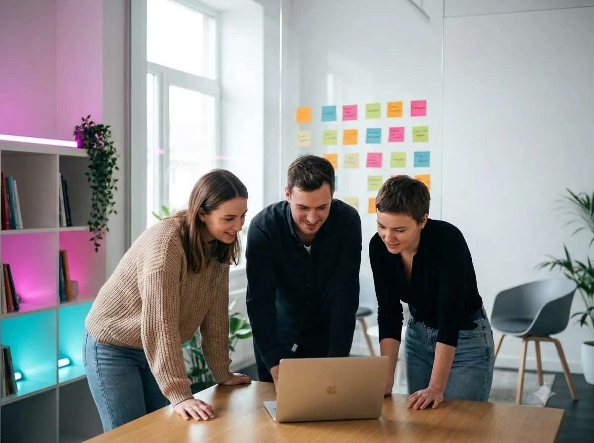 Team planning a project around a laptop
